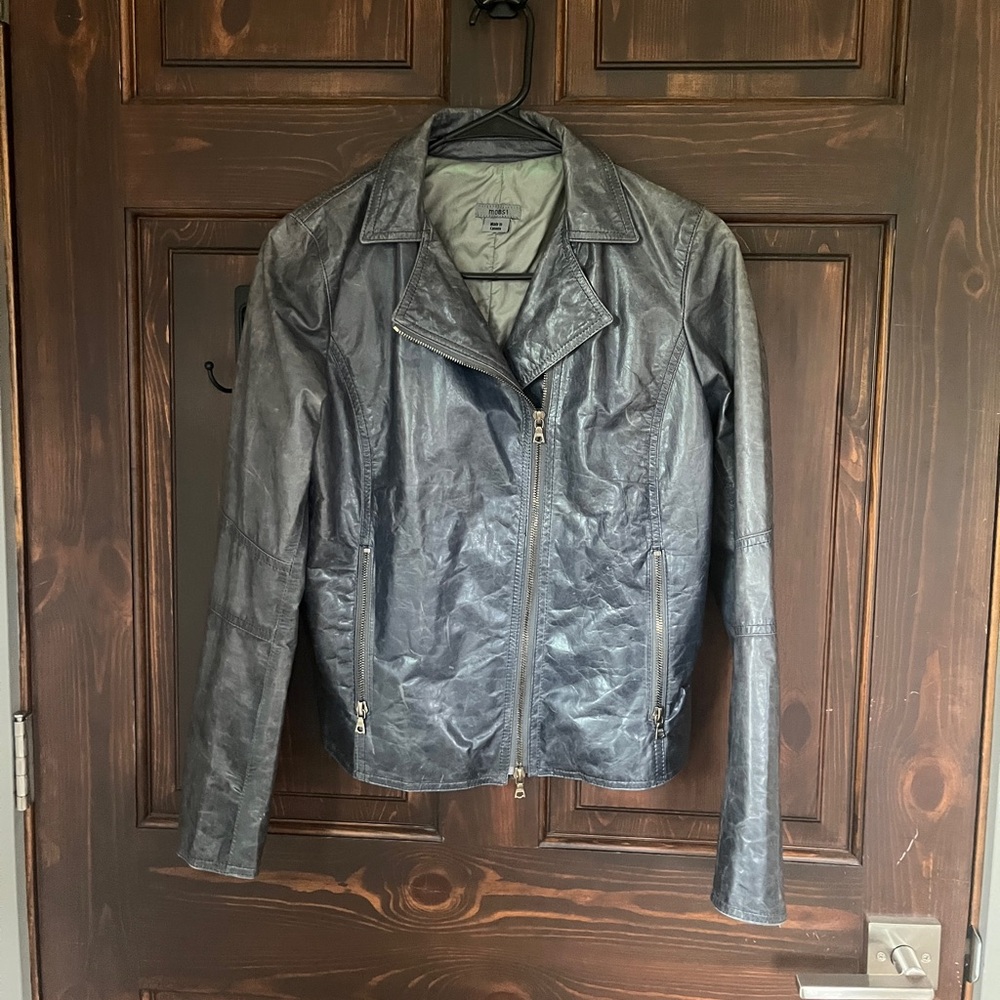 NWOT M0851 Women’s Blue Grey Leather Jacket